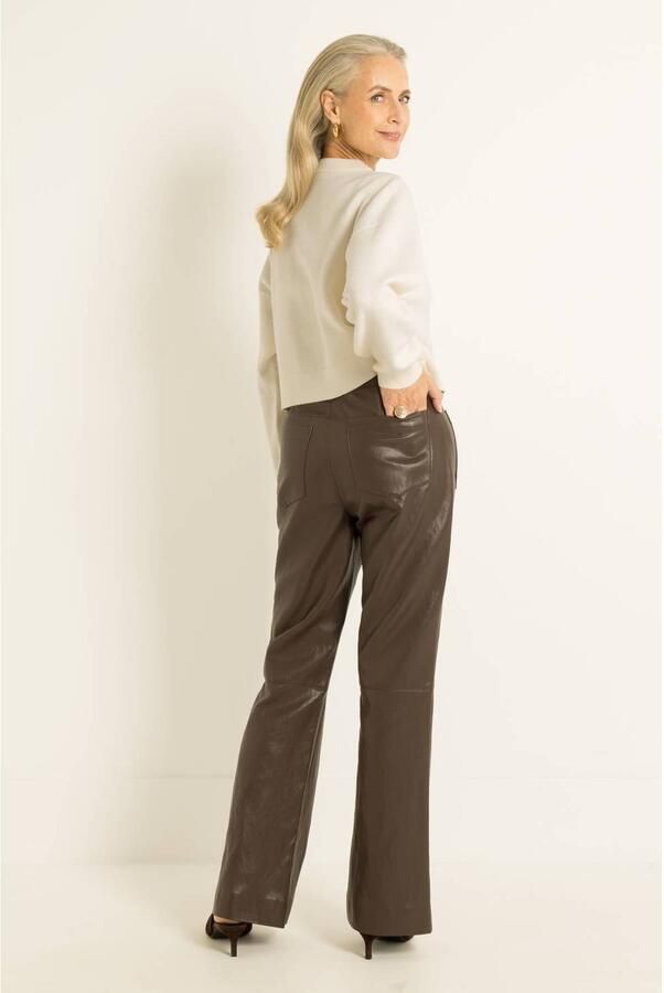 Claudia Sträter imitatieleren high waist flared broek donkerbruin - Foto 2