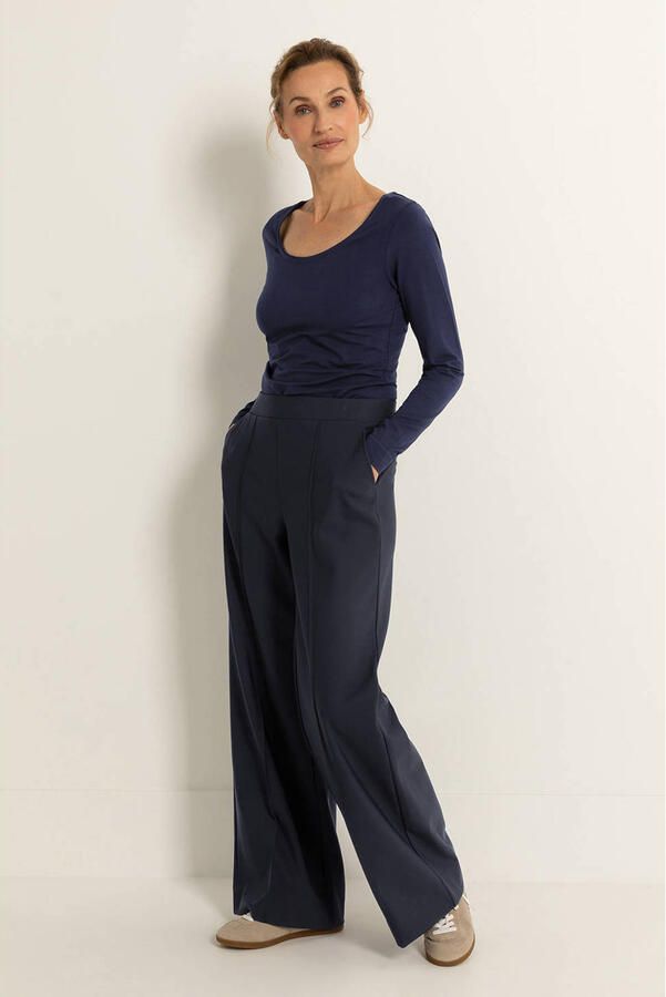 Claudia Sträter travelstof flared high waist flared broek donkerblauw