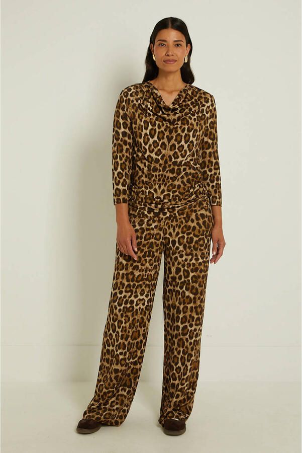 Claudia Sträter wide leg broek met panterprint bruin