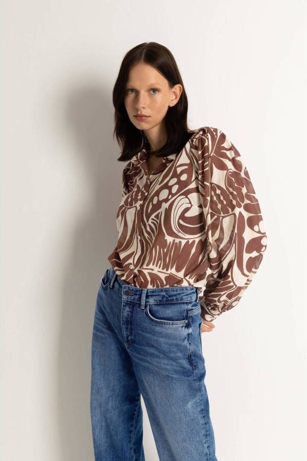 Claudia Sträter geweven blouse met all over print bruin ecru