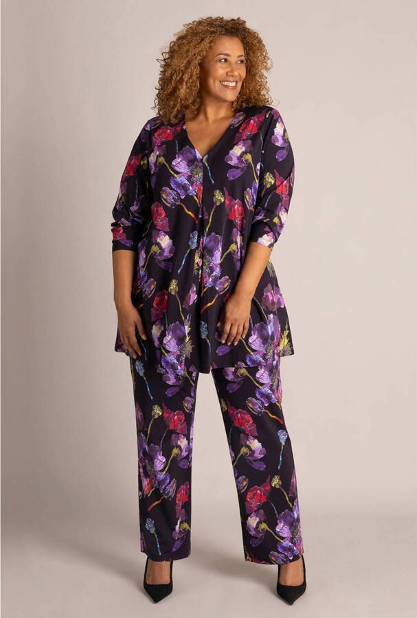 Colletta Plus Size slim fit broek met print zwart paars - Foto 2