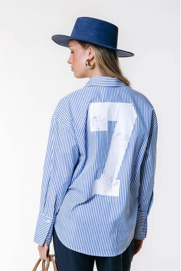 Colourful Rebel blouse met backprint met krijtstreep blauw - Foto 2