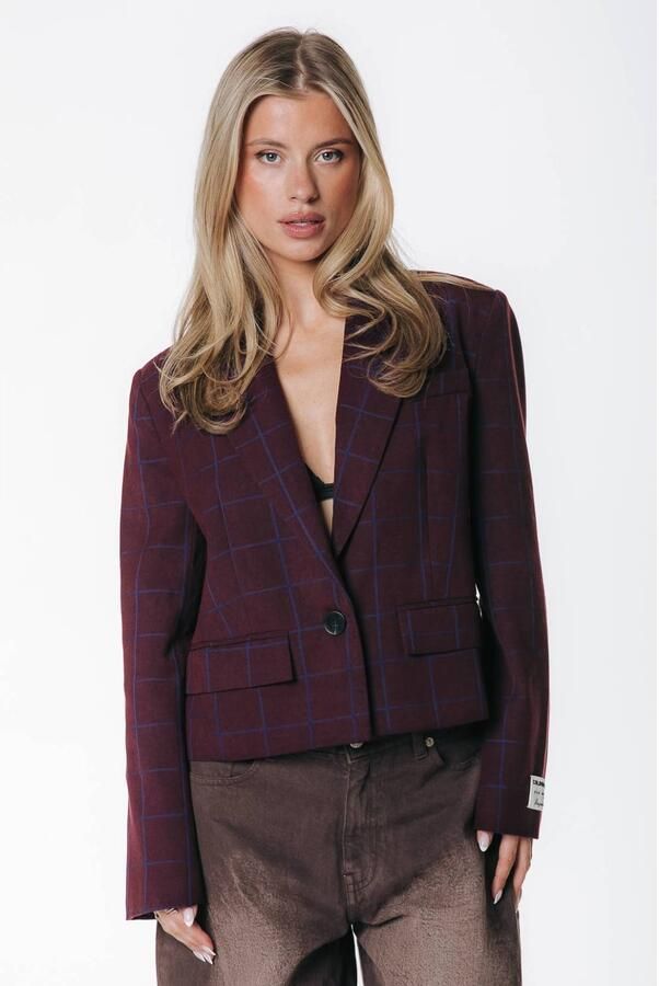 Colourful Rebel cropped geruite blazer met patches bordeauxrood
