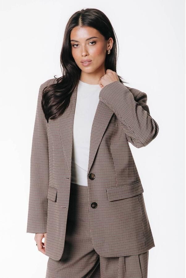 Colourful Rebel geruite oversized blazer met borduursels bruin