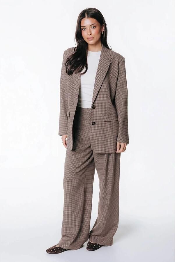 Colourful Rebel geruite oversized blazer met borduursels bruin - Foto 3