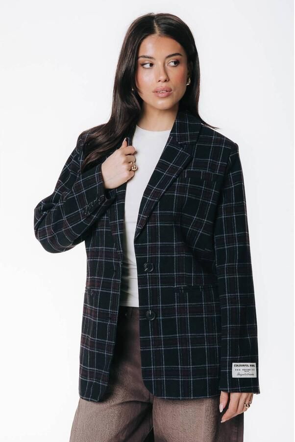 Colourful Rebel geruite oversized blazer met wol donkerblauw