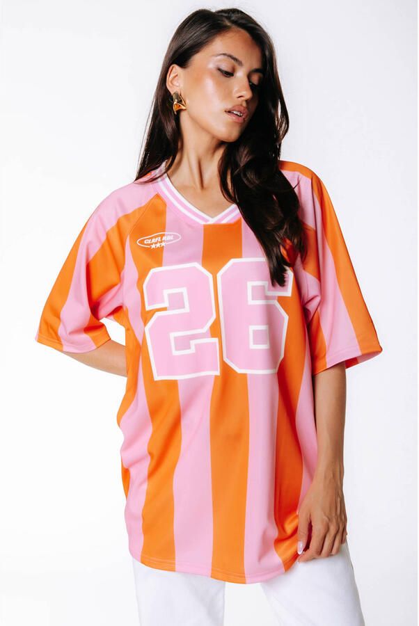 Colourful Rebel gestreept football t-shirt oranje - Foto 3
