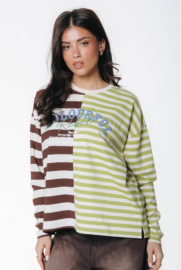 Colourful Rebel gestreept T-shirt met tekst bruin groen