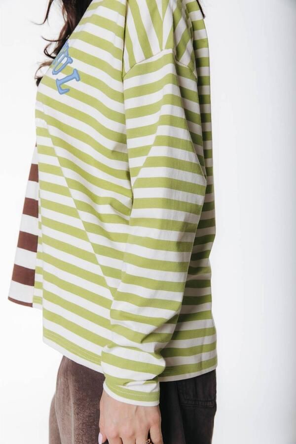 Colourful Rebel gestreept T-shirt met tekst bruin groen - Foto 3