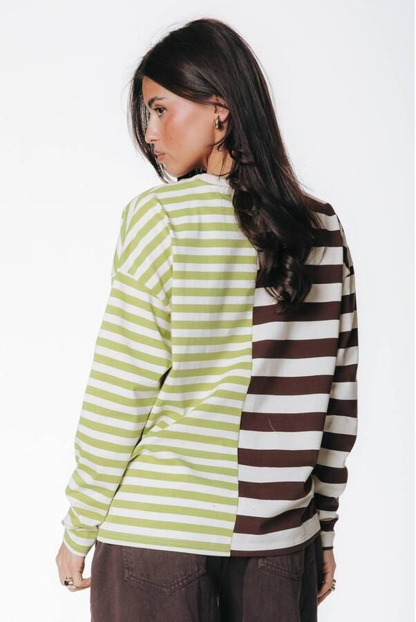 Colourful Rebel gestreept T-shirt met tekst bruin groen - Foto 2