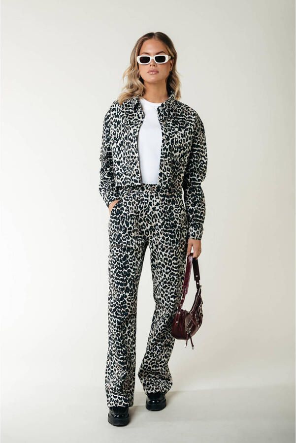 Colourful Rebel high waist straight leg jeans met panterprint zwart beige - Foto 7