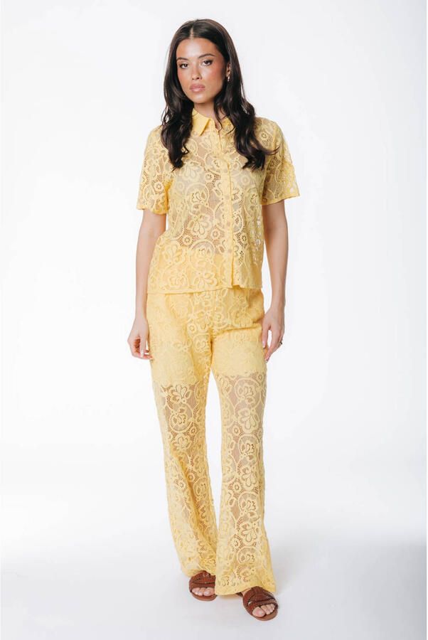 Colourful Rebel kanten wide leg regular waist pantalon geel