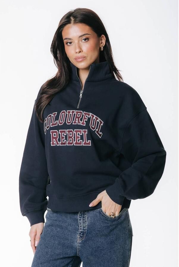 Colourful Rebel katoenen sweater met borduursels en logo donkerblauw
