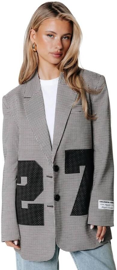 Colourful Rebel geruite blazer met borduursels grijs - Foto 3