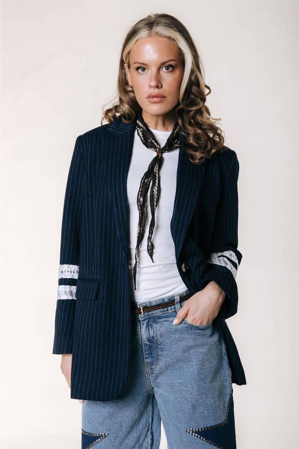 Colourful Rebel regular fit blazer met krijtstreep donkerblauw