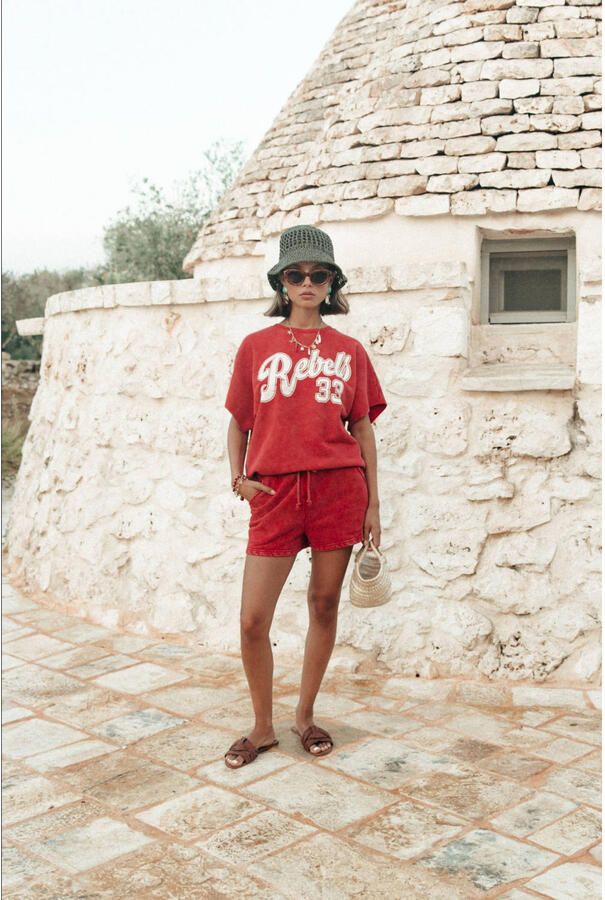 COLOURFUL REBEL Dames Broeken Uni Logo Acid Wash Sweat Short Rood - Foto 5