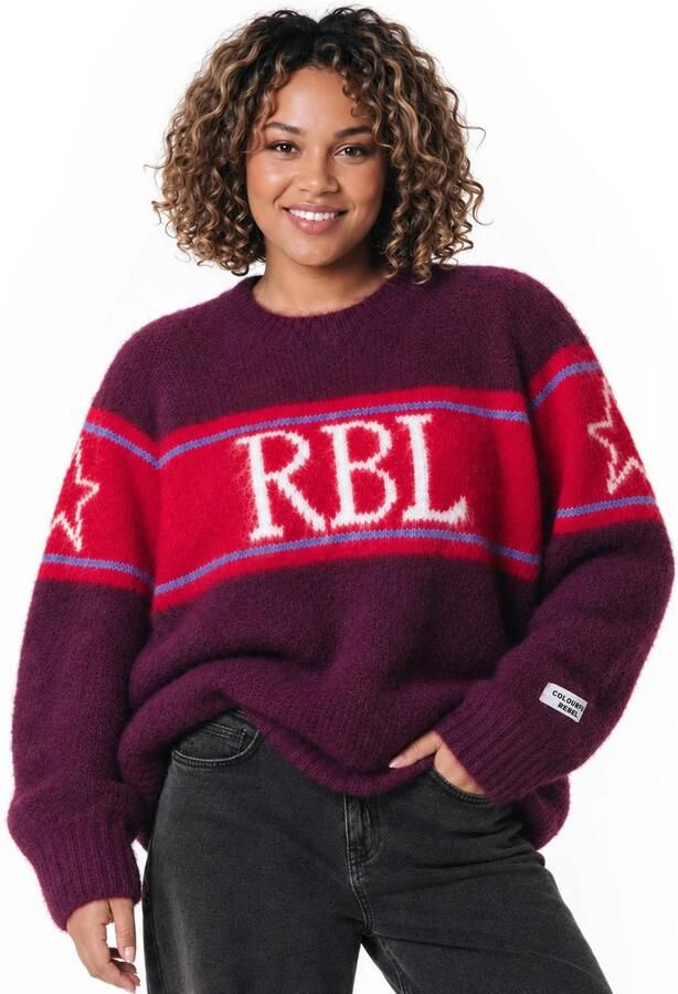Colourful Rebel Curve Plus Size gebreide trui met tekst en wol donkerpaars rood