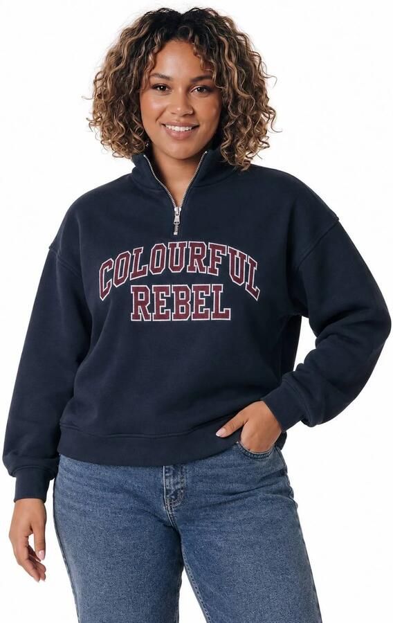 Colourful Rebel Curve Plus Size sweater met tekst donkerblauw