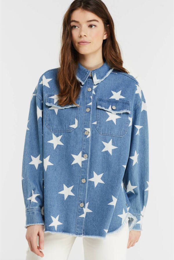 Colourful Rebel denim blouse met sterren blauw wit