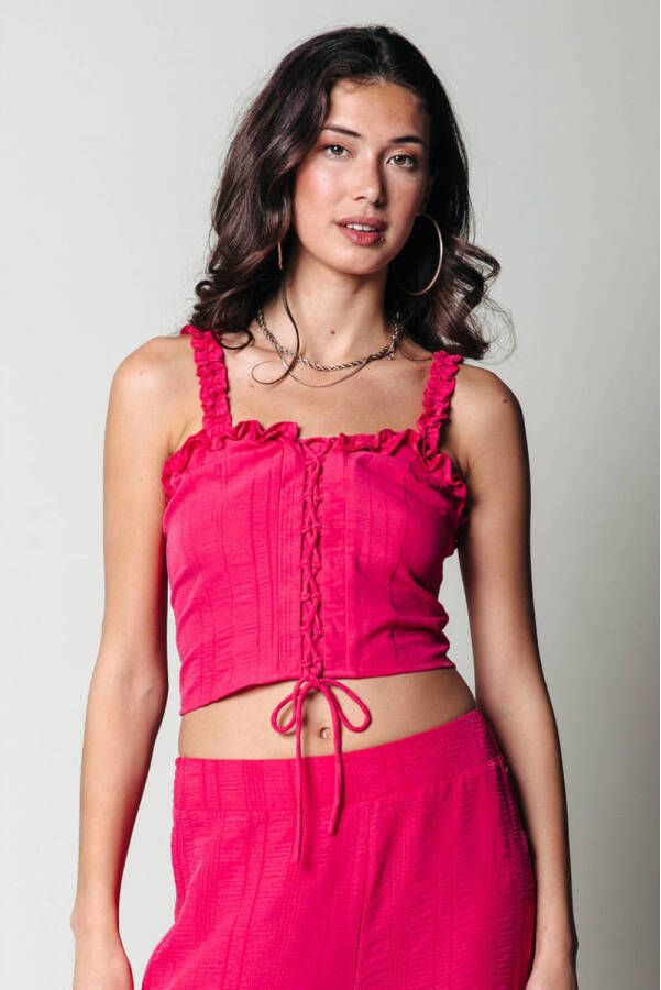 Colourful Rebel top Aggy Structure Laced-up Top met all over print en textuur roze