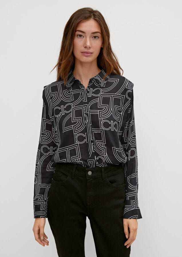 Comma casual identity blouse met all over print zwart wit