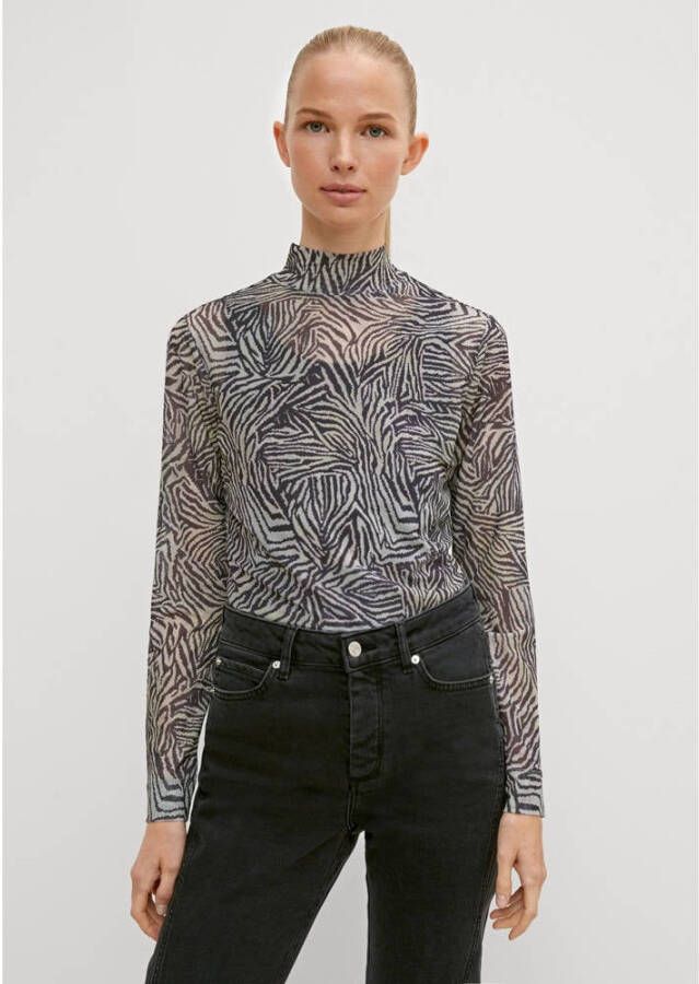Comma casual identity top met all over print en mesh ecru zwart