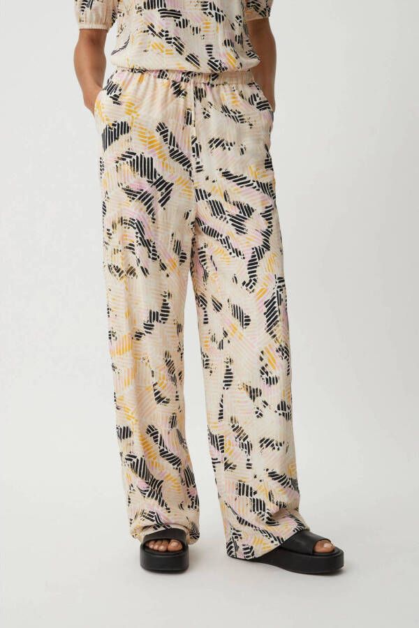 Comma casual identity wide leg broek met all over print ecru zwart