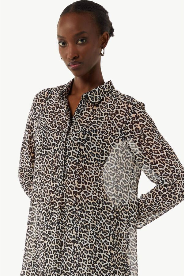 Comma blouse met panterprint en ruches beige zwart