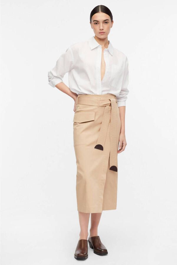 Comma lyocell midi rok met ceintuur beige
