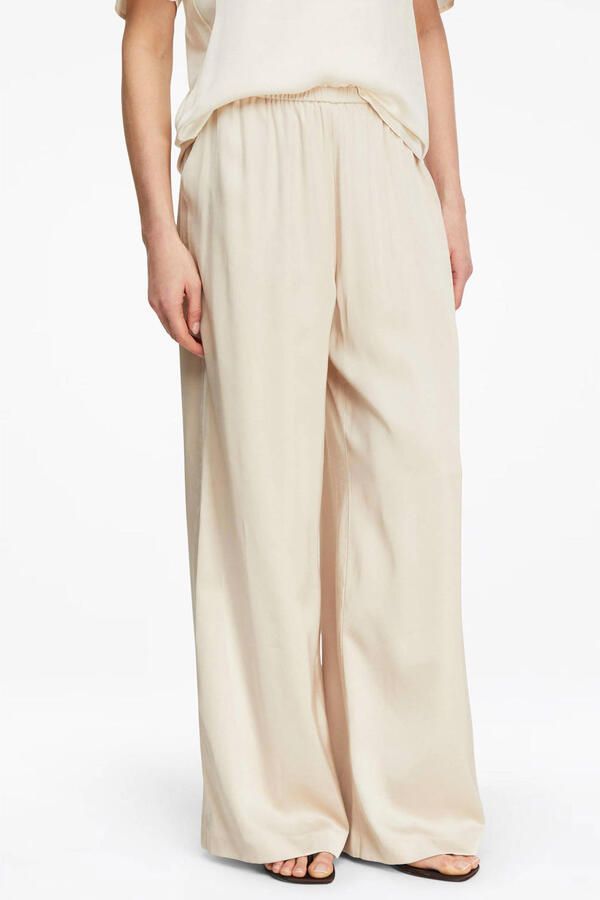 Comma satijnen wide leg regular waist casual broek beige