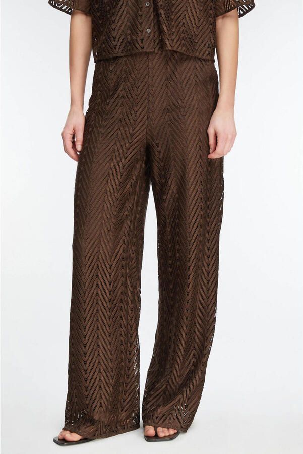 Comma wide leg high waist casual broek donkerbruin