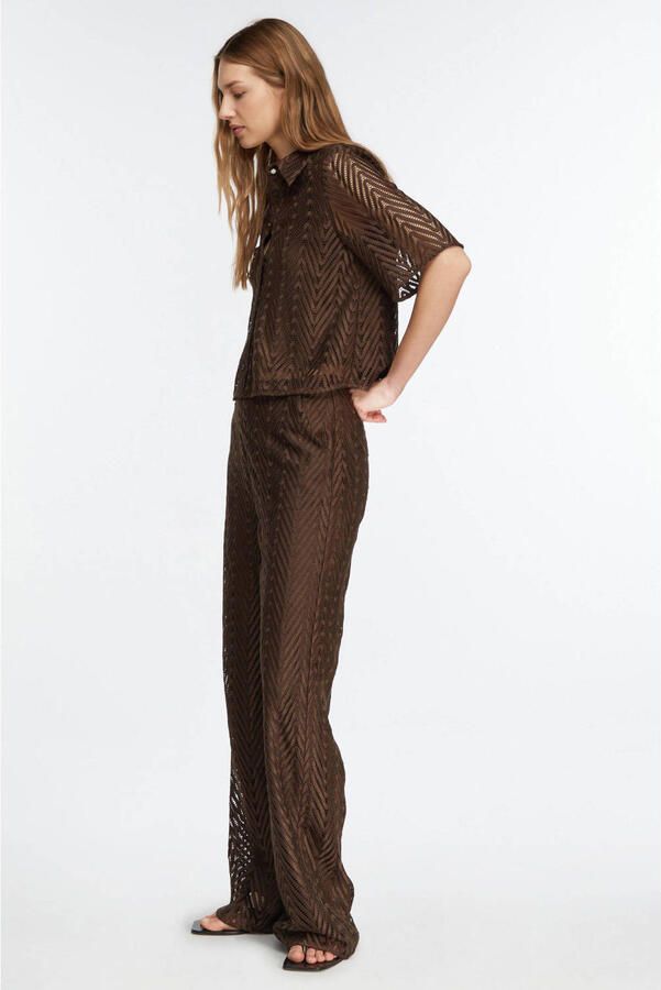 Comma wide leg high waist casual broek donkerbruin - Foto 3
