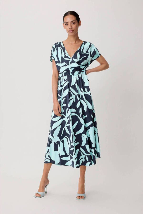 Comma maxi jurk met bladprint en ceintuur grijs mintgroen