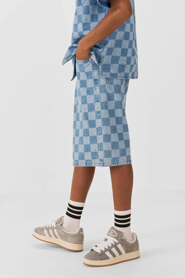 Coolcat denim short Bobby met checkerboard print blauw - Foto 3