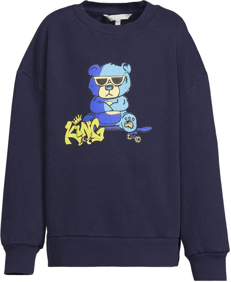 Coolcat fleece sweater met beer printopdruk Kane donkerblauw