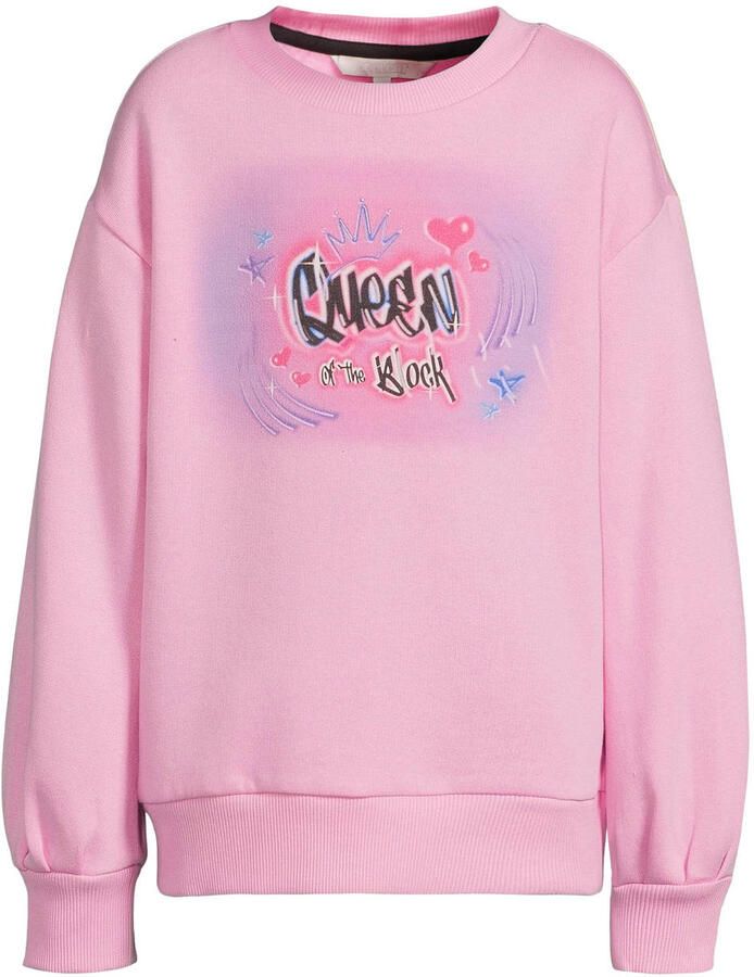 Coolcat fleece sweater met Queen of the Block Graffiti print Lotte roze