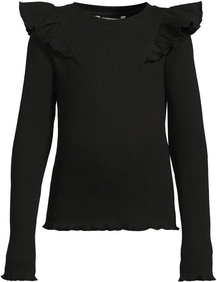 Coolcat geribde longsleeve met ruches Megan zwart Meisjes Stretchkatoen Ronde hals - Foto 1