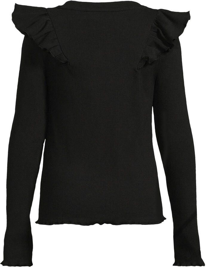 Coolcat geribde longsleeve met ruches Megan zwart Meisjes Stretchkatoen Ronde hals - Foto 2