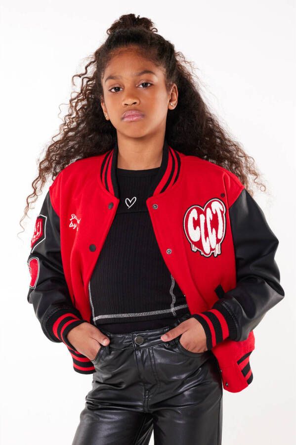 CoolCat Junior baseball jacket Jane met printopdruk rood zwart Jas Meisjes Polyester Opstaande kraag 134 140