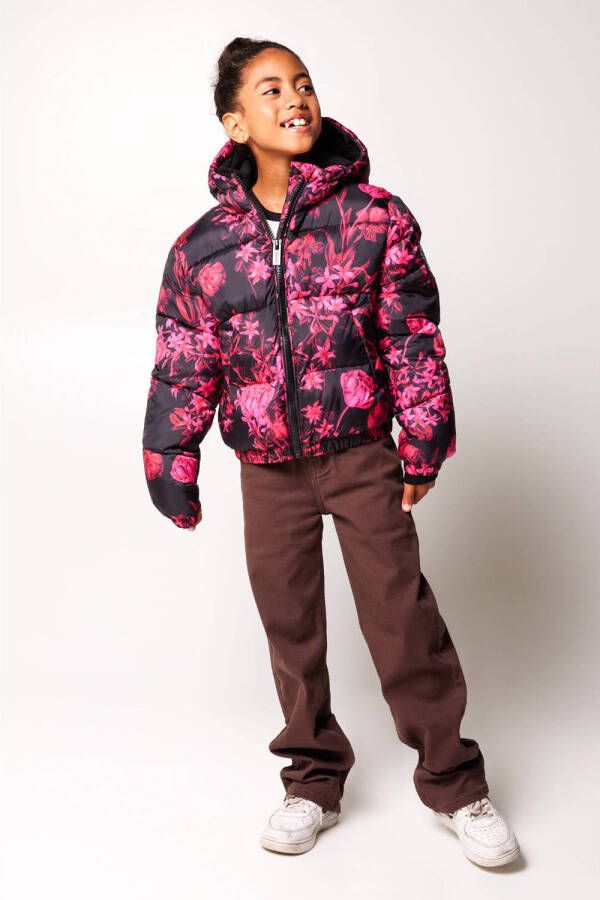 CoolCat Junior gebloemde gewatteerde winterjas Jayla roze zwart Meisjes Polyester Capuchon 134 140