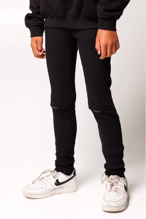 CoolCat Junior geribde skinny broek Pammy met slijtage zwart Meisjes Katoen 146 152