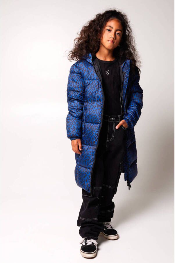 CoolCat Junior gewatteerde winterjas Janey met all over print donkerblauw zwart Meisjes Polyester Capuchon 158 164