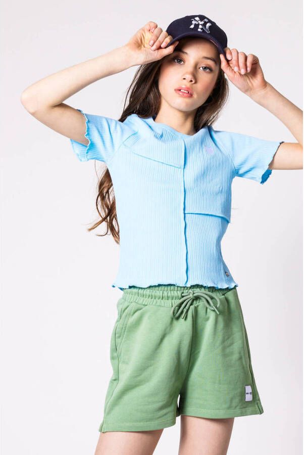 CoolCat Junior ribgebreid T-shirt Evy CG met printopdruk lichtblauw Meisjes Katoen Ronde hals 122 128