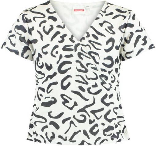 CoolCat Junior T-shirt Eila met all over print en overslag detail ecru zwart Wit Meisjes Polyester V-hals 134 140