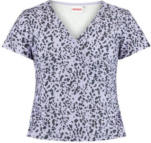 CoolCat Junior T-shirt Eila met all over print en overslag detail lila zwart Paars Meisjes Polyester V-hals 134 140