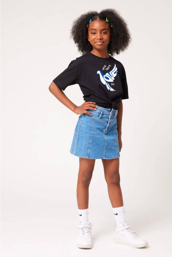 CoolCat Junior T-shirt Elien CG met tekst zwart wit blauw Meisjes Katoen Ronde hals 146 152