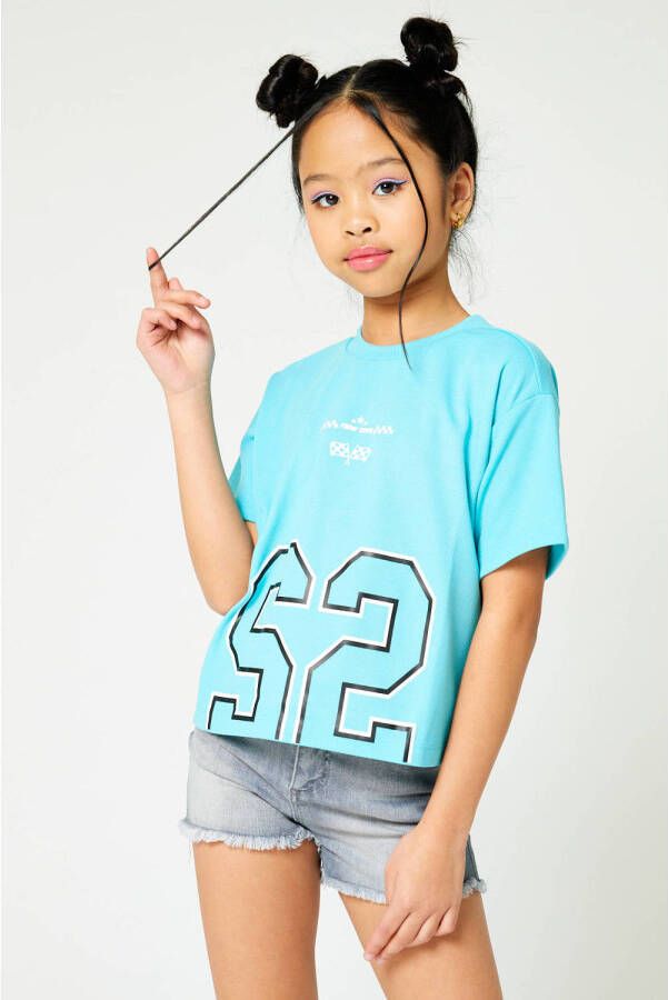 CoolCat Junior T-shirt Ena CG met printopdruk turquoise Blauw Meisjes Polyester Ronde hals 122 128