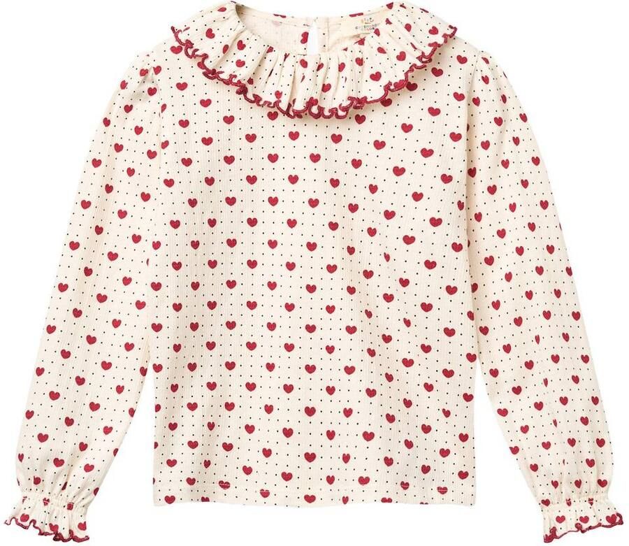Copenhagen Colors rechtvallende longsleeve met ruches en hartjes ecru rood Meisjes Katoen Ronde hals