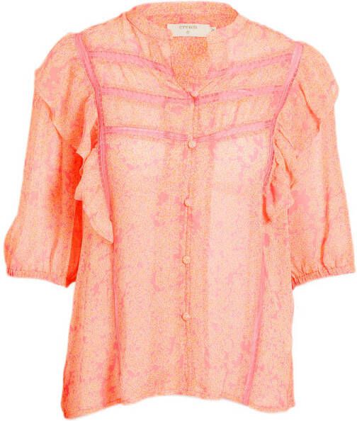 Cream blouse met all over print en ruches oranje roze