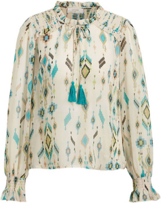 Cream blousetop CREsra met all over print en franjes ecru blauw groen